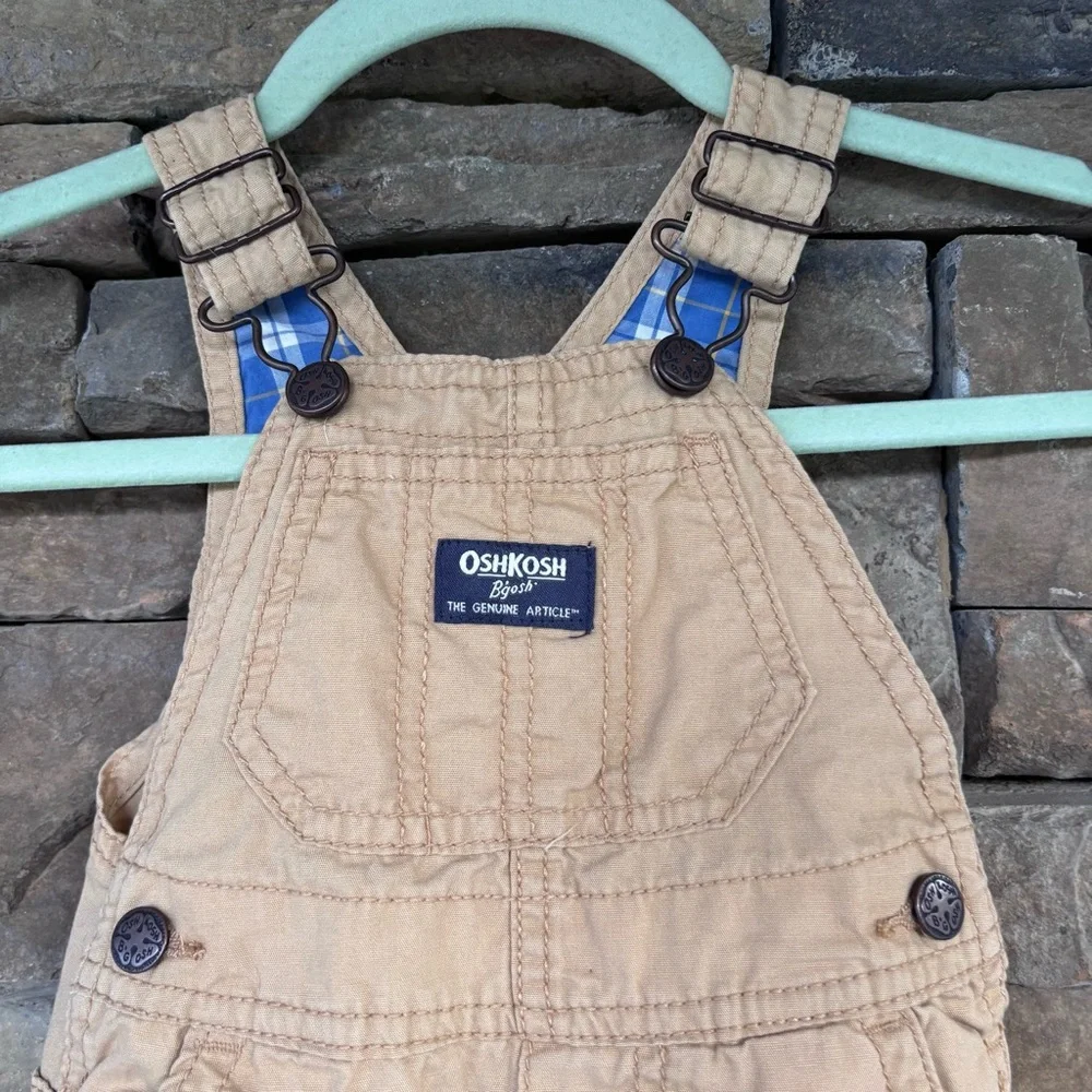 OshKosh Overalls Tan‎ Adjustable Straps Plaid Accents Baby Clothes